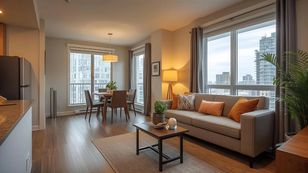 Modern living room in short term apartment rentals Mississauga with city views.