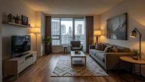 Modern living room in short term apartment rentals Mississauga with city skyline.