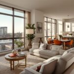 A modern apartment with a spacious living room, sleek kitchen, and large windows offering a city view, featuring stylish furniture and plants throughout.