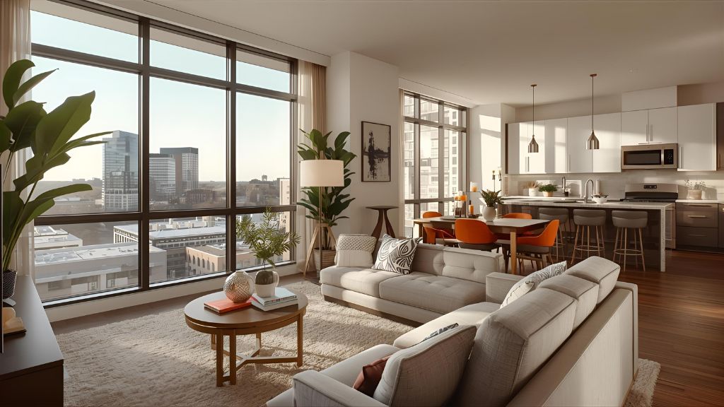 A modern apartment with a spacious living room, sleek kitchen, and large windows offering a city view, featuring stylish furniture and plants throughout.