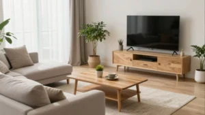 Bright furnished living room with sofa and TV in modern vacation rentals san francisco