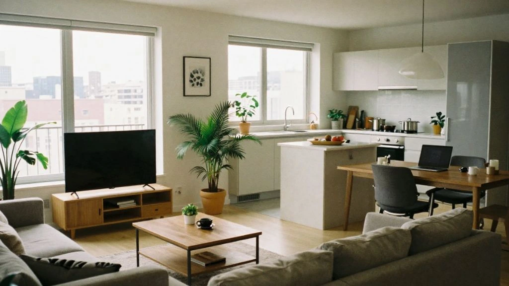 Modern furnished apartment living room with workspace and kitchen, vacation rentals san francisco