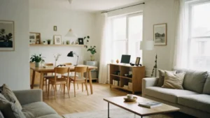 A bright, modern furnished apartment with a cozy living room, dining area, and natural light.