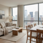 Fully furnished vacation rental apartment in San Francisco with city skyline view, modern living area, dining table, and work-friendly setup.