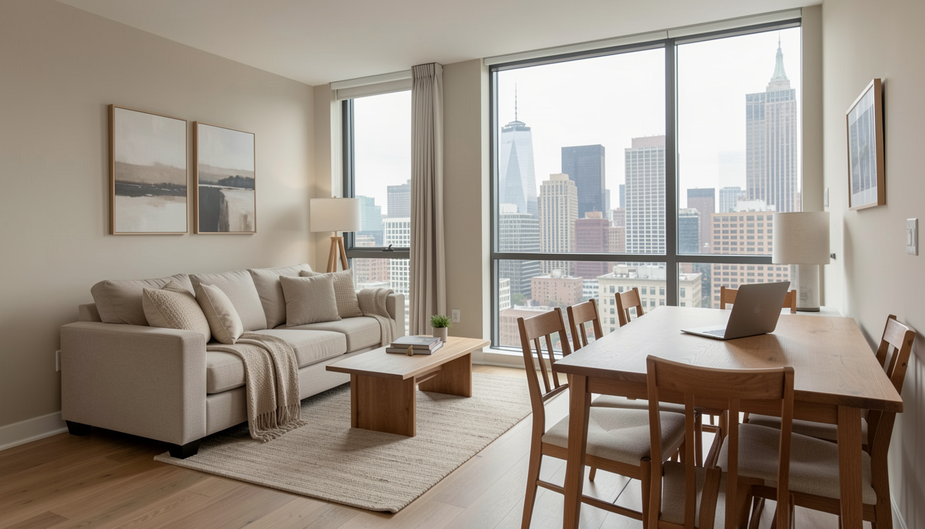 Fully furnished vacation rental apartment in San Francisco with city skyline view, modern living area, dining table, and work-friendly setup.