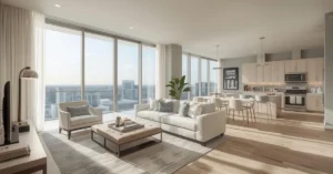 Modern furnished apartment in Dallas Texas featuring a bright living room, open kitchen, large windows, and comfortable seating ideal for short-term or extended stays