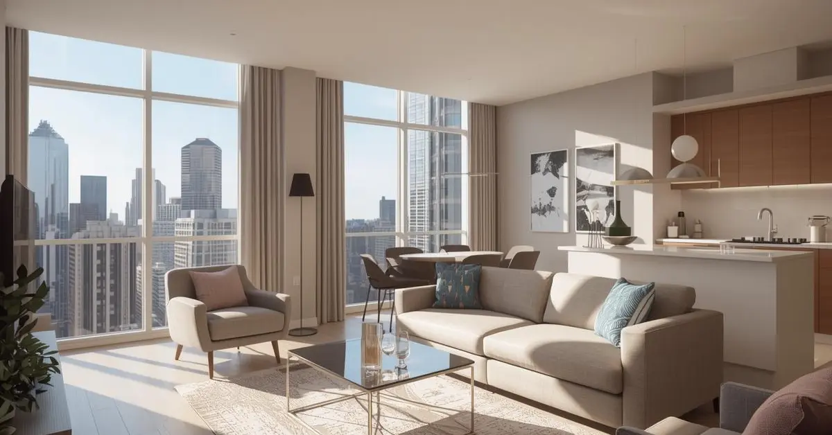 Modern furnished apartment in Dallas Texas with city skyline view, spacious living room, comfortable seating, dining area, and fully equipped kitchen ideal for short and long stays.