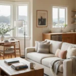 Image Details Alt Text: Modern open-concept living area and kitchen in one of the many Vacation Rentals in the San Francisco area, featuring a view of Coit Tower.