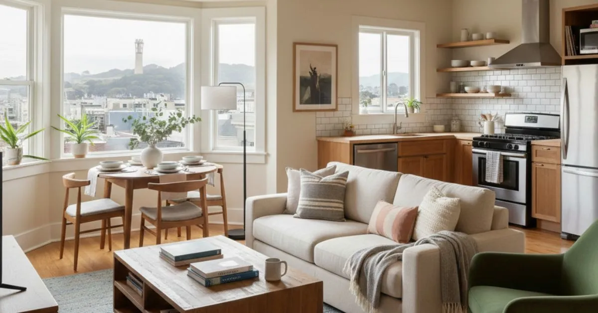 Image Details Alt Text: Modern open-concept living area and kitchen in one of the many Vacation Rentals in the San Francisco area, featuring a view of Coit Tower.