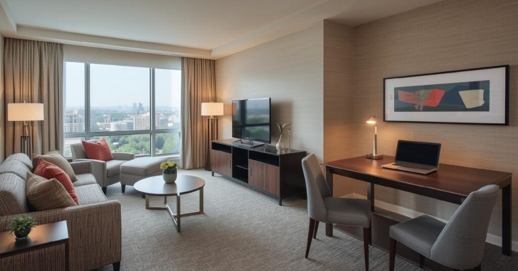 Modern corporate housing DC apartment featuring a furnished living room, work desk, and city view, ideal for short-term business and professional stays.