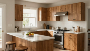 Modern furnished kitchen in a San Francisco vacation rental with wooden cabinets, island seating, and natural daylight.