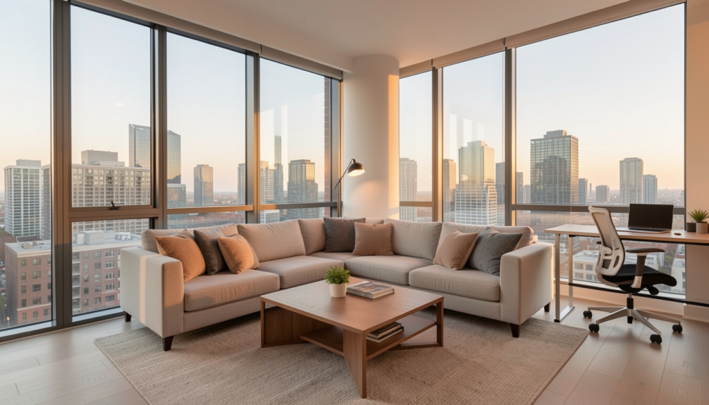 Modern fully furnished apartment for rent in Toronto with spacious living room, city skyline view, large windows, work desk, and comfortable seating ideal for extended stays.