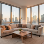 Modern fully furnished apartment for rent in Toronto with spacious living room, city skyline view, large windows, work desk, and comfortable seating ideal for extended stays.