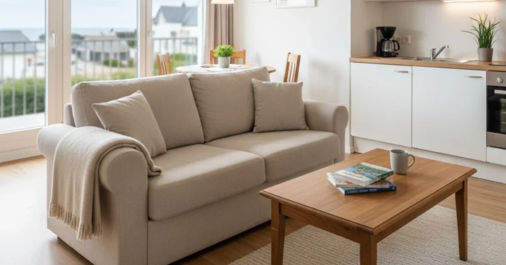 Cozy living room with sofa and coffee table inside a modern budget holiday home apartment.