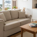 Cozy living room with sofa and coffee table inside a modern budget holiday home apartment.