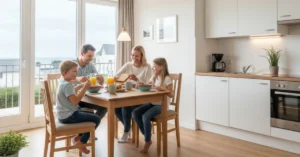 Family enjoying breakfast together in a bright budget holiday home kitchen with dining table and sea view balcony.
