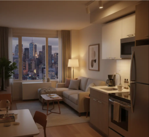 Corporate housing in DC with fully furnished living space and city view