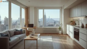Modern NYC furnished apartment with skyline view and workspace setup