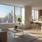 Luxury NYC furnished apartment with open kitchen and city skyline view