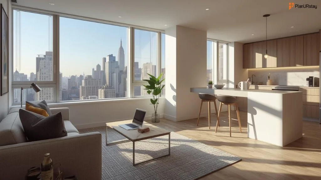 Luxury NYC furnished apartment with open kitchen and city skyline view