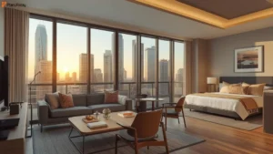 Furnished apartment interior with Dallas skyline view at sunset in Texas