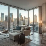 Modern furnished apartment in Dallas Texas with skyline view and workspace