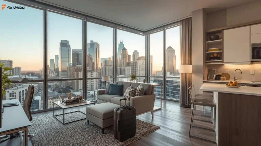 Modern furnished apartment in Dallas Texas with skyline view and workspace