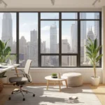 Eco-friendly NYC apartment with desk setup and city skyline view