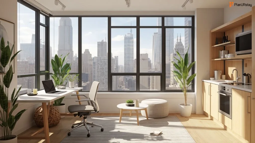 Eco-friendly NYC apartment with desk setup and city skyline view