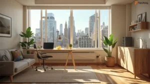 Sustainable NYC apartment with workspace, plants, and skyline view
