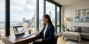Business professional working remotely in a corporate housing apartment in San Francisco with skyline view.