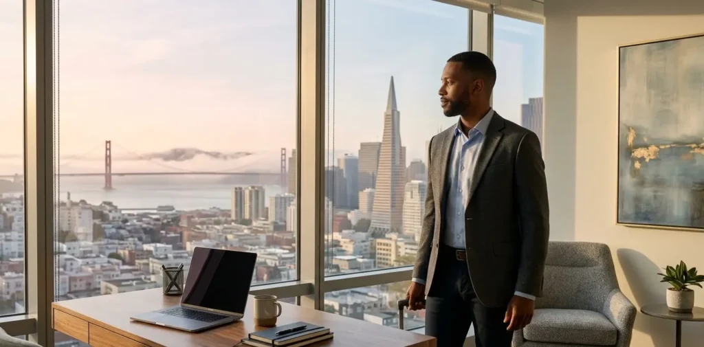 Business traveler standing inside a corporate apartment in San Francisco with Golden Gate Bridge view.