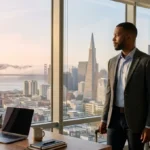 Business traveler standing inside a corporate apartment in San Francisco with Golden Gate Bridge view.