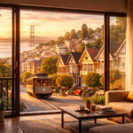 San Francisco vacation rental interior with Golden Gate Bridge view, Victorian houses, and cable car at sunset