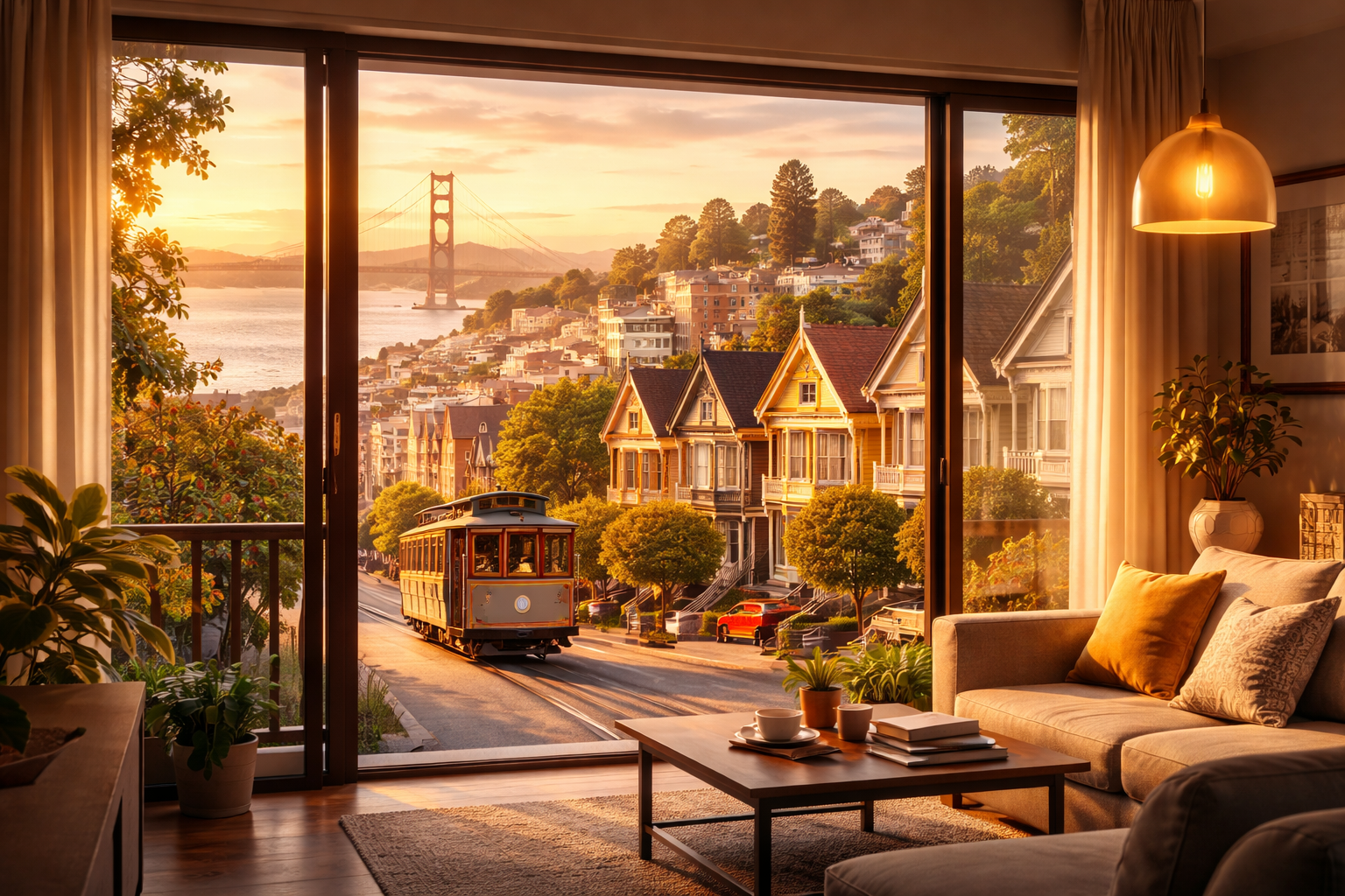 San Francisco vacation rental interior with Golden Gate Bridge view, Victorian houses, and cable car at sunset