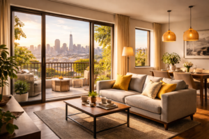 Modern furnished vacation rental apartment in San Francisco with city skyline view and natural sunlight