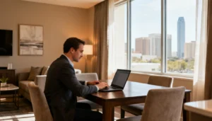 Professional working on a laptop in a fully furnished corporate apartment with city view