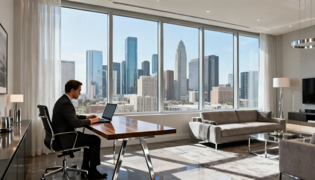 Modern corporate apartment with Houston skyline and professional working on laptop
