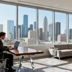 Modern corporate apartment with Houston skyline and professional working on laptop