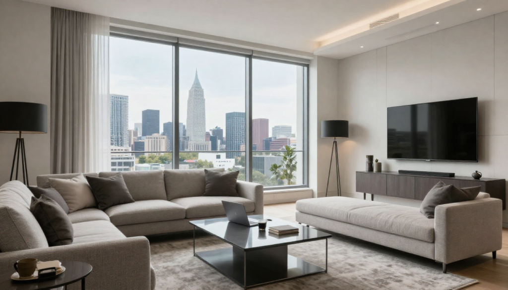 Modern furnished corporate apartment living room with city skyline view, large windows, sofa, workspace, and minimal decor
