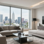 Modern furnished corporate apartment living room with city skyline view, large windows, sofa, workspace, and minimal decor