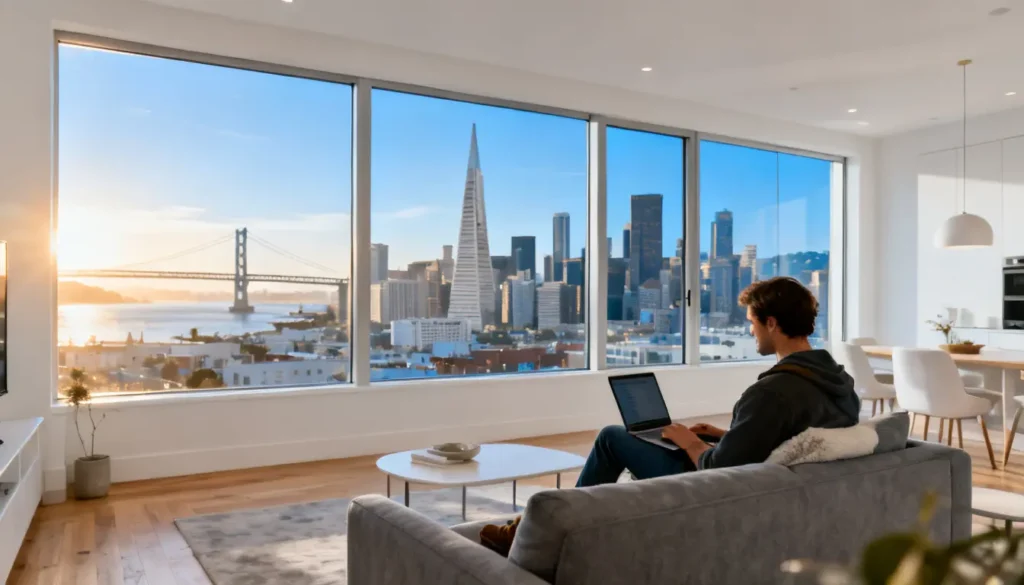 Vacation Rentals in the San Francisco Area with skyline view and person working on laptop