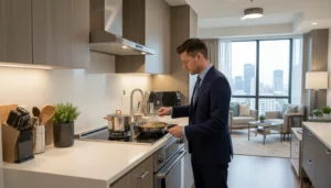 Business traveler cooking in a modern furnished corporate apartment kitchen designed for comfortable extended stays in Houston.