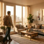 Traveler arriving at short term apartment rentals in Mississauga with modern furnished living room and natural sunlight