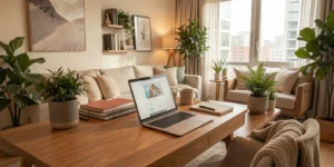 Cozy furnished workspace and living area for Short Term Apartment Rentals in Mississauga with modern interior and natural lighting