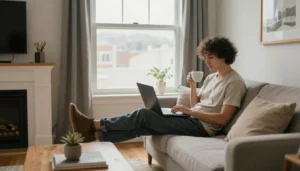 Traveler relaxing in a furnished vacation rental apartment while working on a laptop and drinking coffee in a cozy living room.
