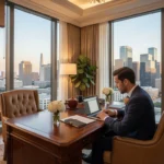 Business professional working in a luxury furnished corporate apartment with skyline views and modern workspace in Houston.