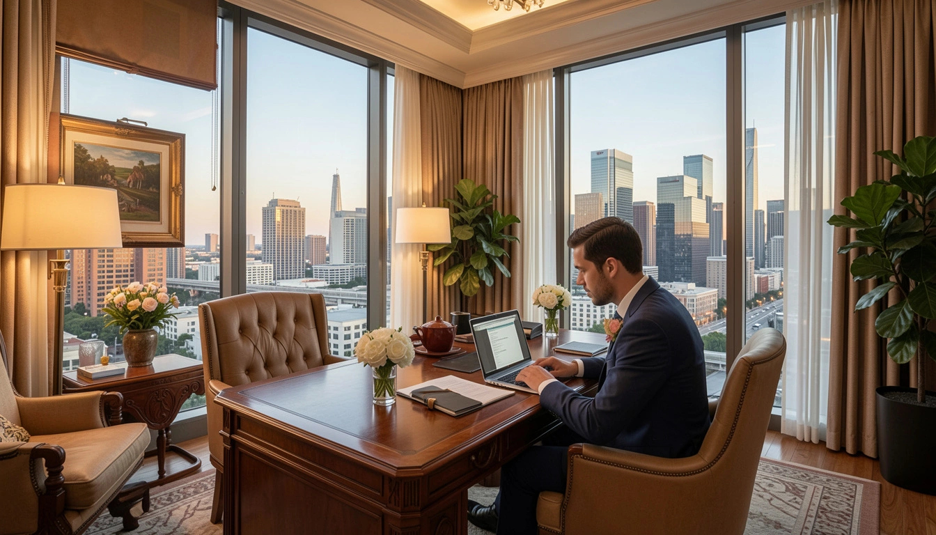 Business professional working in a luxury furnished corporate apartment with skyline views and modern workspace in Houston.