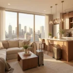 Modern furnished vacation rental apartment in the San Francisco area with a cozy living room, fully equipped kitchen, large city-view windows, and warm natural lighting.