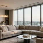 Modern furnished living room with large windows and elegant interior design for Short Term Apartment Rentals in Mississauga